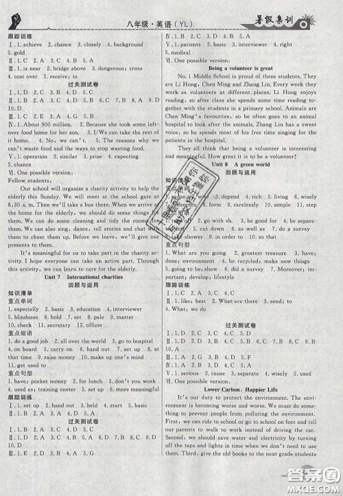 合肥工业大学出版社2020暑假集训八年级英语译林版答案 合肥工业大学出版社2020暑假集训八年级英语译林版答案