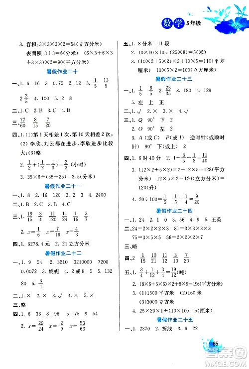 河北美术出版社2020年暑假生活数学5年级参考答案