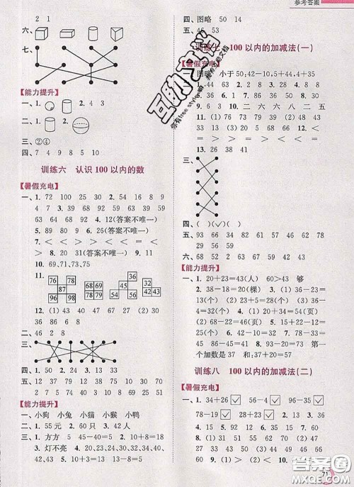 超能学典2020小学数学暑假接力棒一升二数学江苏版答案