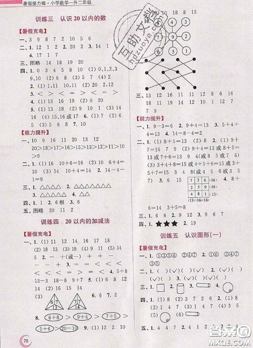 超能学典2020小学数学暑假接力棒一升二数学江苏版答案