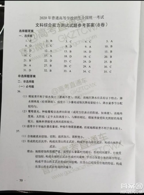 2020年全国高考真题全国I卷文科综合能力测试试题及答案 2020年全国高考真题全国I卷文科综合能力测试试题及答案