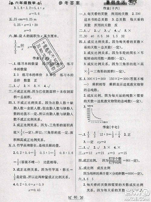 阳光出版社畅学图书2020年暑假衔接六升七数学答案