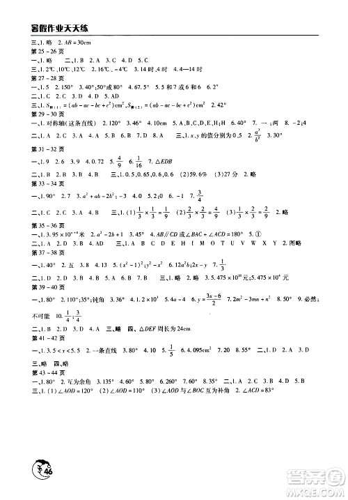 文心出版社2020年暑假作业天天练七年级数学人教版参考答案