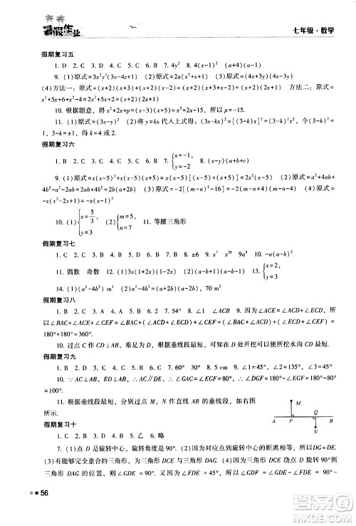 湖南教育出版社2020年暑假作业七年级数学参考答案