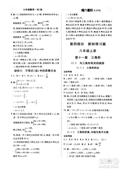 宇恒文化2020年魔力暑假A计划数学七年级RJ人教版参考答案