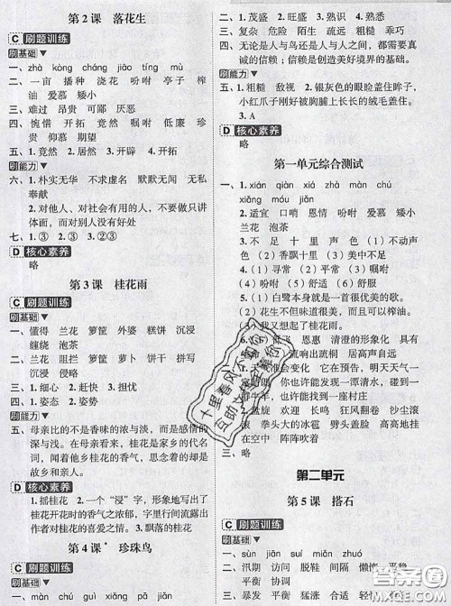 宁波出版社2020新版名师派暑假衔接四升五语文答案