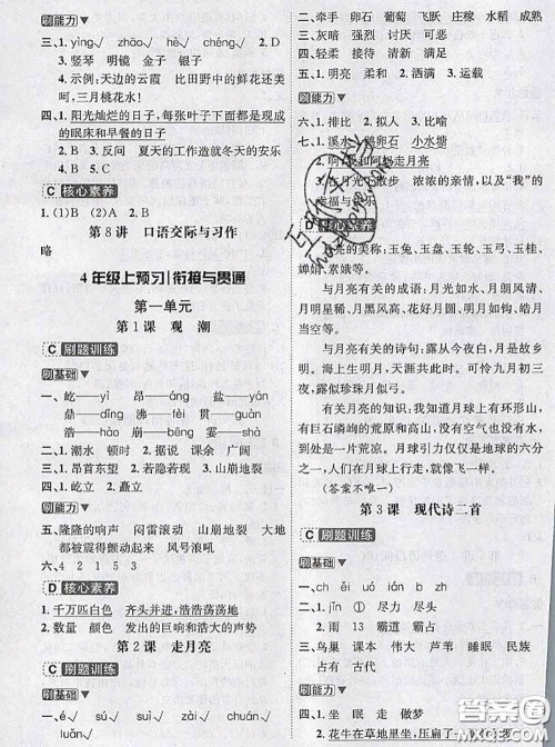 宁波出版社2020新版名师派暑假衔接三升四语文答案