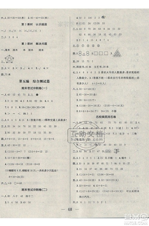 2020年期末冲刺王暑假作业数学一年级RJ人教版参考答案