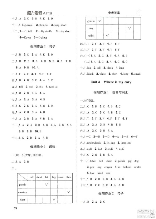 宇恒文化2020魔力暑假A计划三年级英语人教版答案