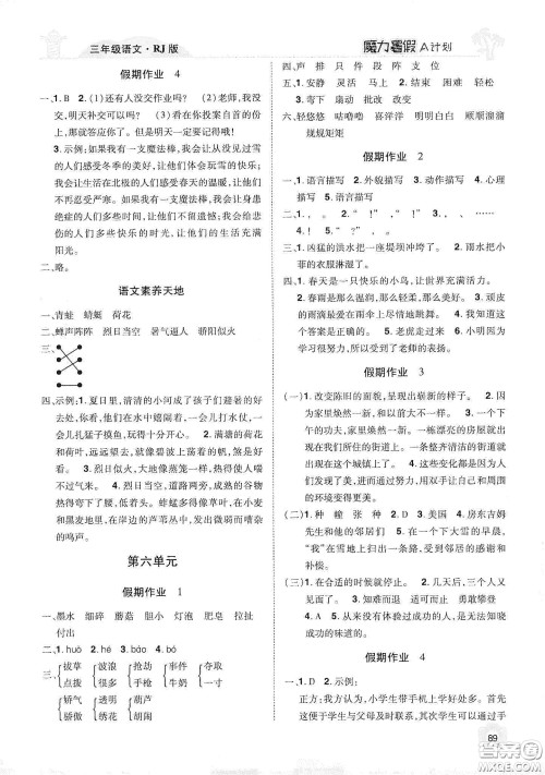 宇恒文化2020魔力暑假A计划三年级语文人教版答案