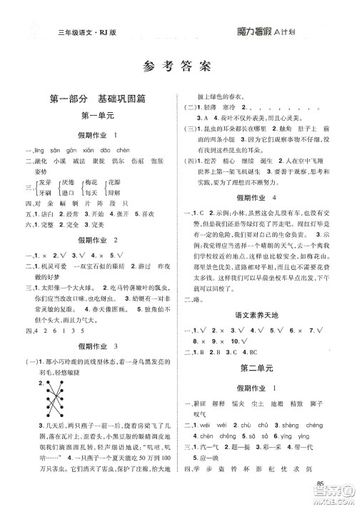 宇恒文化2020魔力暑假A计划三年级语文人教版答案