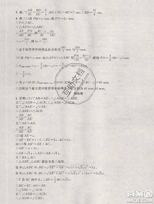 安徽人民出版社2020年暑假大串联九年级数学人教版答案