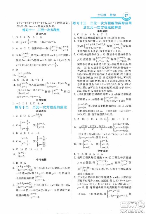 河北美术出版社2020暑假作业七年级数学答案