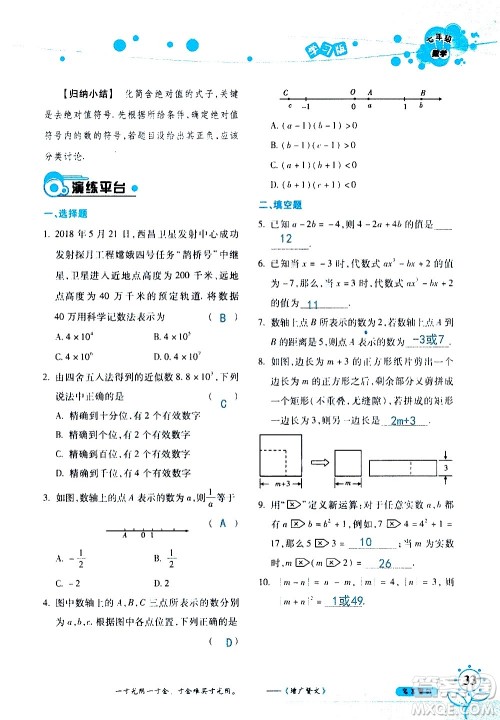 湖南师范大学出版社2020年暑假学习与生活假日知新七年级数学学习版参考答案