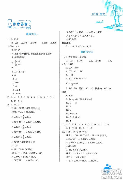 河北人民出版社2020暑假生活通用版七年级数学答案