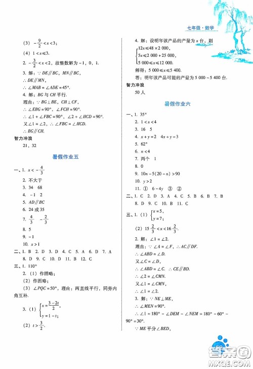 河北人民出版社2020暑假生活通用版七年级数学答案