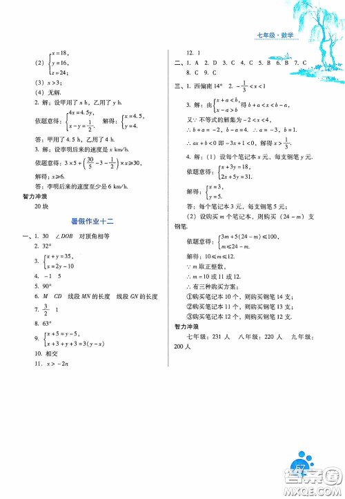 河北人民出版社2020暑假生活通用版七年级数学答案