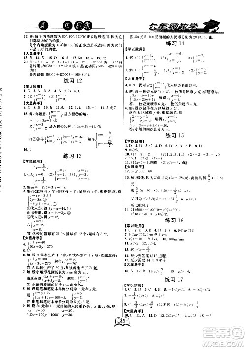 云南人民出版社2020年优等生快乐暑假七年级数学课标版参考答案