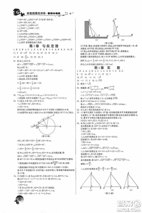 江苏人民出版社2020实验班提优训练暑假衔接版八升九年级数学JSKJ版答案