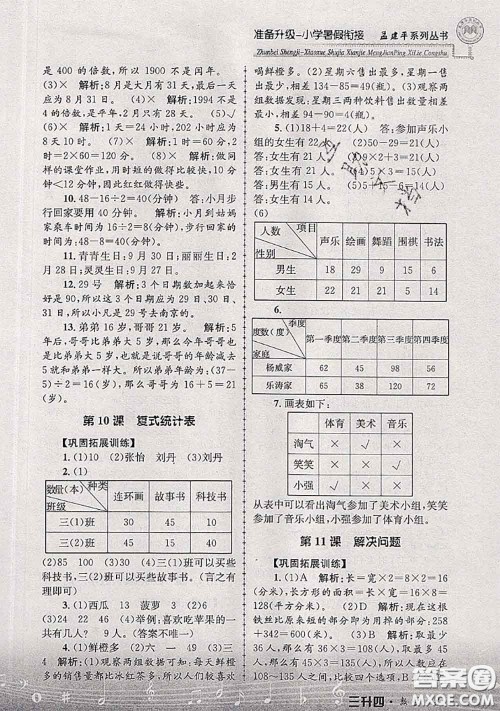 2020年孟建平准备升级小学暑假衔接三升四数学人教版答案 2020年孟建平准备升级小学暑假衔接三升四数学人教版答案