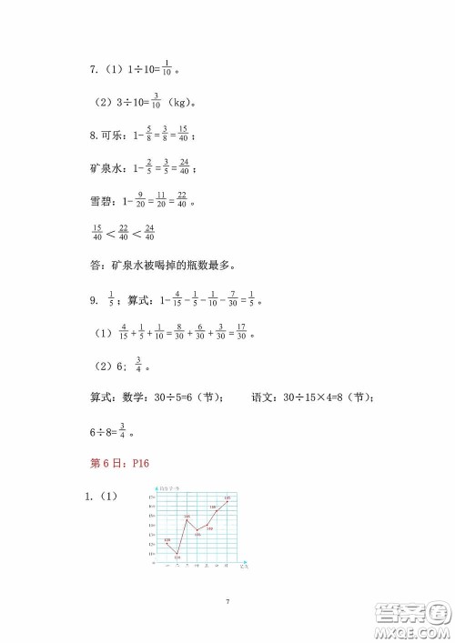 2020安徽省暑假作业五年级数学人教版答案