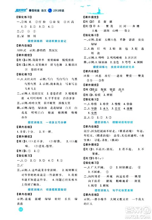 2020年阳光同学暑假衔接2升3语文RJ人教版参考答案