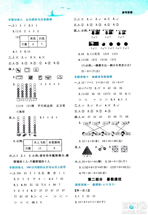 2020年阳光同学暑假衔接1升2数学RJ人教版参考答案