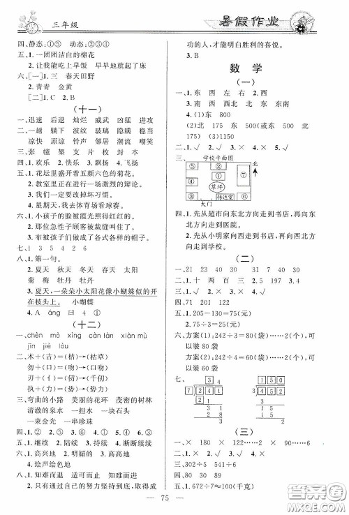 新世纪出版社2020百年学典快乐假期暑假作业三年级语文数学英语合订本答案