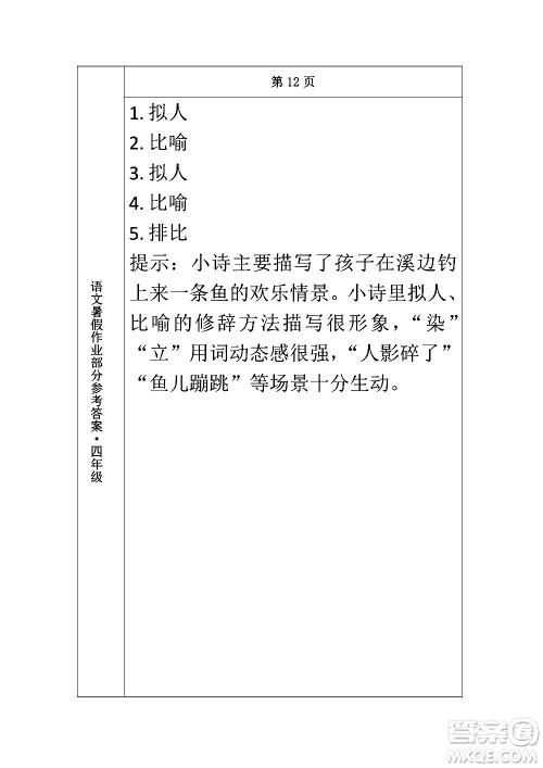 长春出版社2020年常春藤暑假作业语文四年级人教部编版参考答案