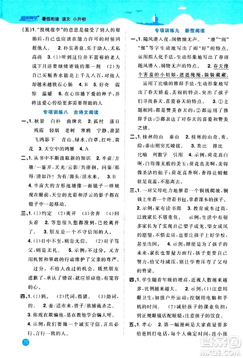 2020年阳光同学暑假衔接小升初语文部编人教版参考答案