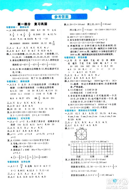 江西教育出版社2020年阳光同学暑假衔接小升初数学人教版参考答案