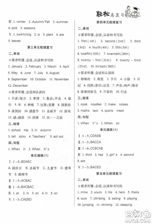 河北科学技术出版社2020轻松总复习假期作业轻松暑假五年级英语PEP版答案