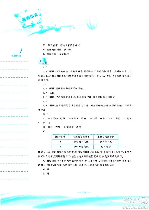 安徽教育出版社2020年暑假作业七年级地理商务星球版参考答案