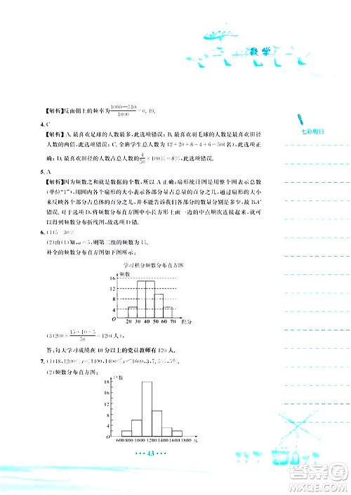 安徽教育出版社2020年暑假作业七年级数学人教版参考答案