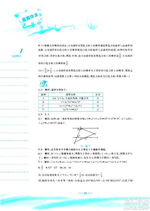 安徽教育出版社2020年暑假作业七年级数学北师大版参考答案