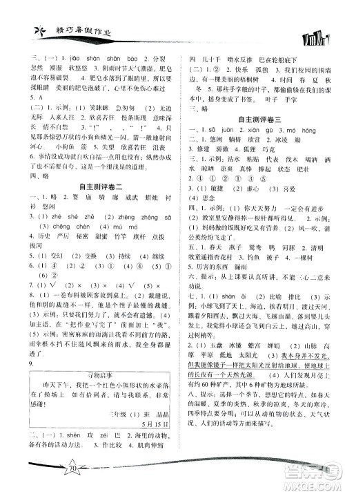 云南美术出版社2020年精巧暑假作业语文三年级RJ人教版参考答案