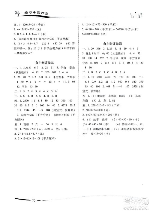 云南美术出版社2021精巧暑假作业数学三年级RJ人教版答案