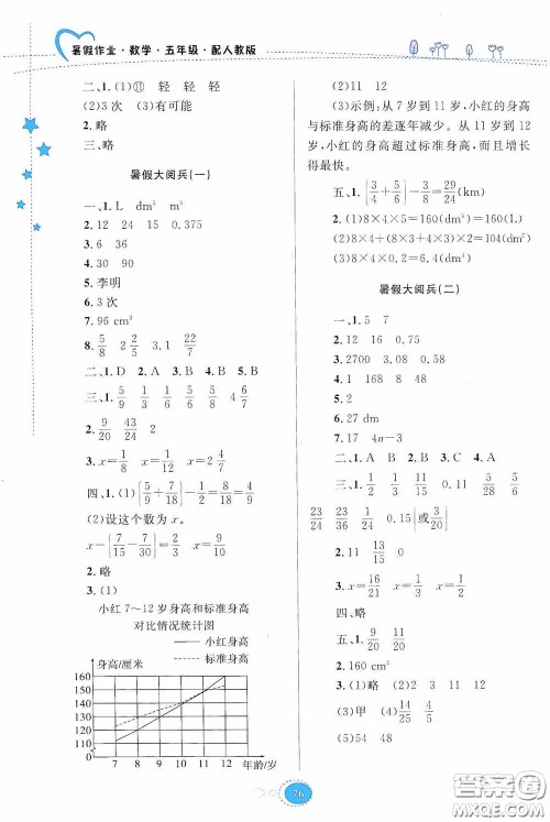 贵州人民出版社2020暑假作业五年级数学人教版答案