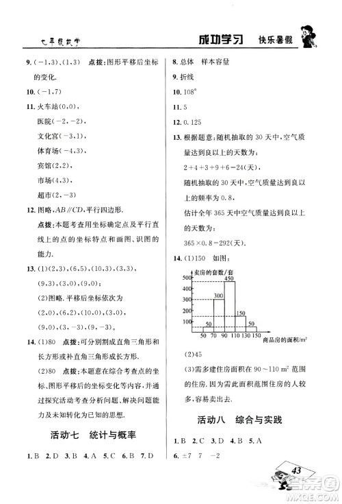 云南科技出版社2020年创新成功学习快乐暑假7年级数学RJ人教版参考答案