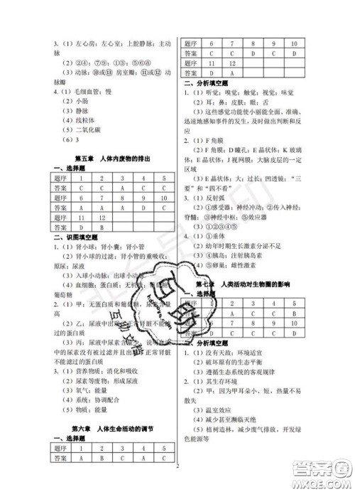 中西书局2020年鹏教图书精彩假期暑假篇七年级生物答案