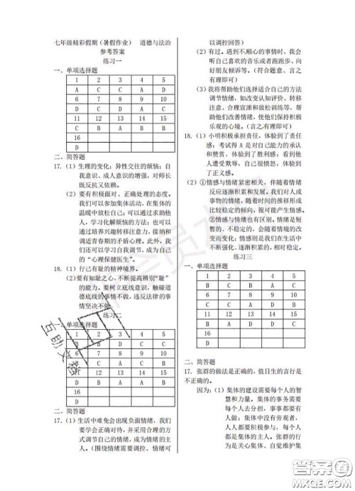 中西书局2020年鹏教图书精彩假期暑假篇七年级政治答案