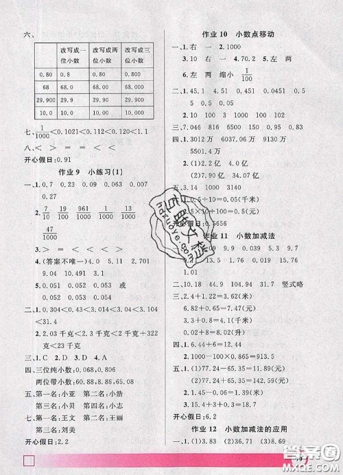 2020年钟书金牌暑假作业导与练四年级数学上海专版参考答案