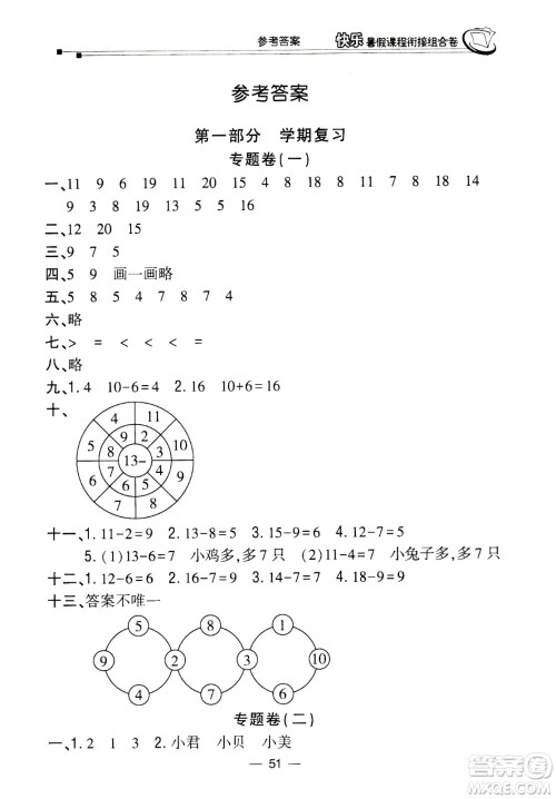 甘肃少年儿童出版社2020年快乐暑假课程衔接组合卷数学一年级北师大版参考答案