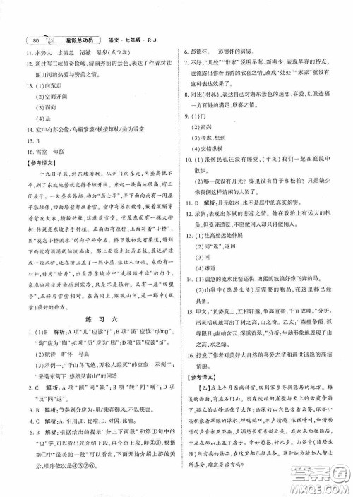 宁夏人民教育出版社2021经纶学典暑假总动员语文七年级人教版答案