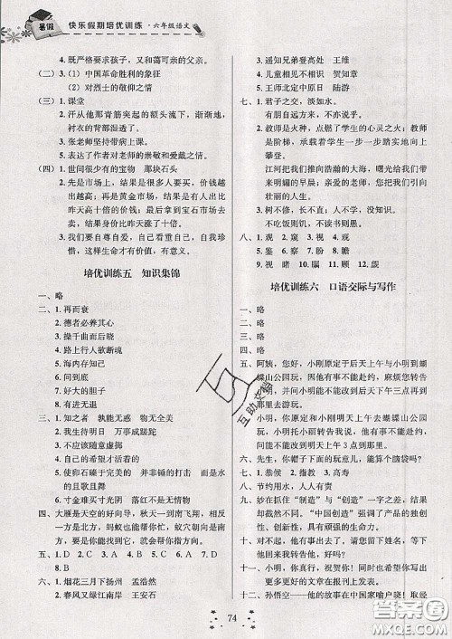 2020年快乐假期走进名校培优训练衔接教材暑假六升七语文答案