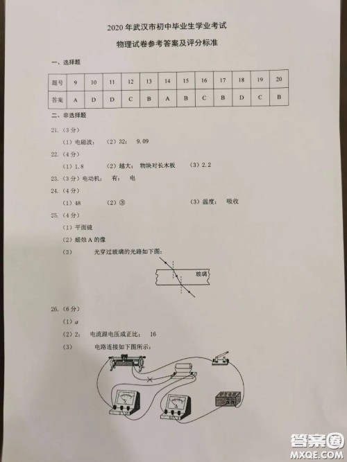 2020湖北省武汉市初中毕业生学业考试物理化学试卷及答案