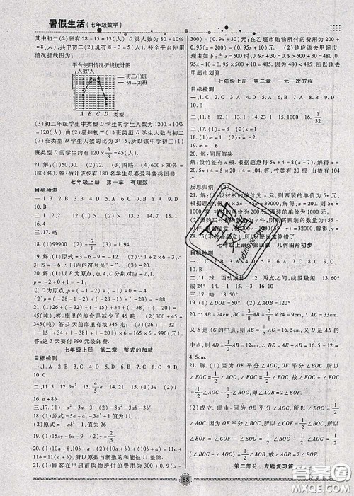 新疆文化出版社2020暑假生活七年级数学人教版参考答案