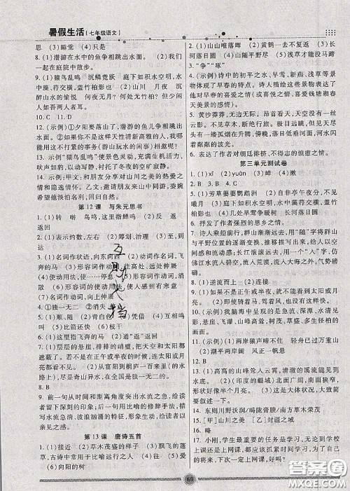 新疆文化出版社2020暑假生活七年级语文人教版参考答案