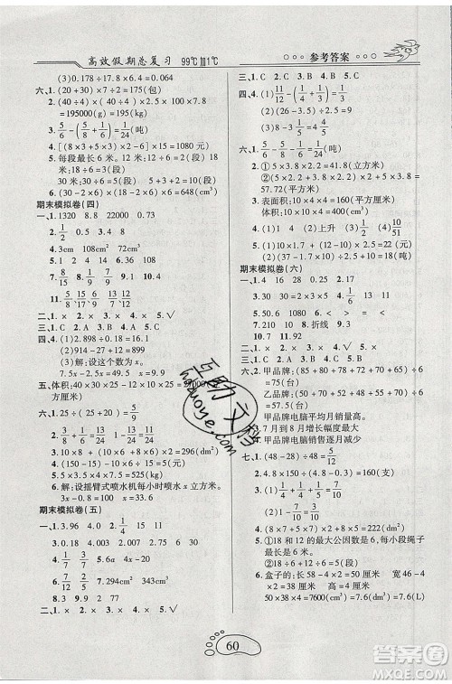 2020年本土教辅赢在暑假高效假期总复习五年级数学RJ人教版参考答案