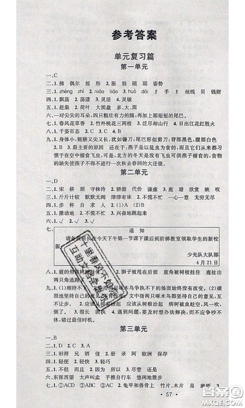 2020年学习总动员暑假总复习三年级语文人教版答案